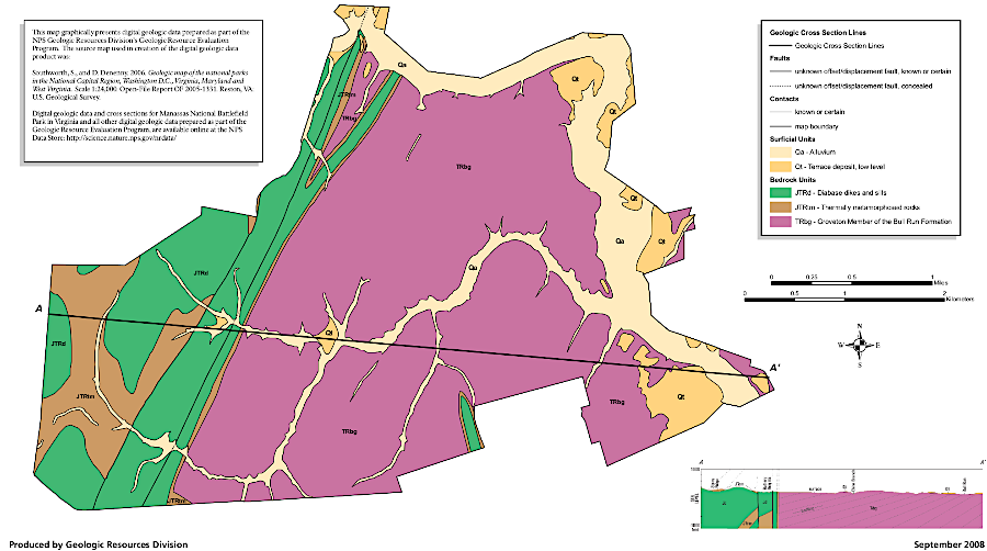 the bedrock at Manassas Battlefield National Park consists of Triassic Period sandstone and younger Jurassic Period volcanic intrusions