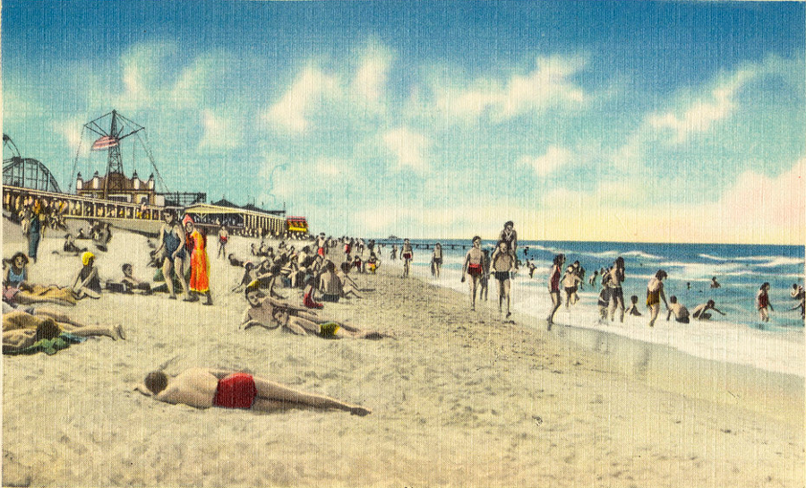 a pre-World War II postcard shows vacationers swimming in the Chesapeake Bay at Norfolk