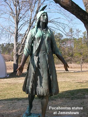 historically-inaccurate image of Pocahontas as a Great Plains princess is reflected in statue at Jamestown