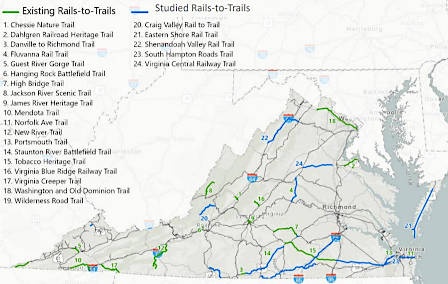 by 2021, there were 19 rail-to-trails projects in Virginia with segments open for public use