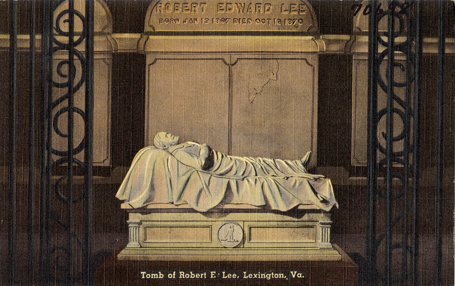 a pre-World War II postcard shows the burial site of Robert E. Lee as a tourist attraction in Lexington