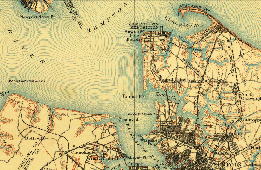 in 1907 Sewells Point was far enough away from Hampton, Newport News, Portsmouth, and Norfolk to be neutral territory, providing roughly equal economic benefits to each city