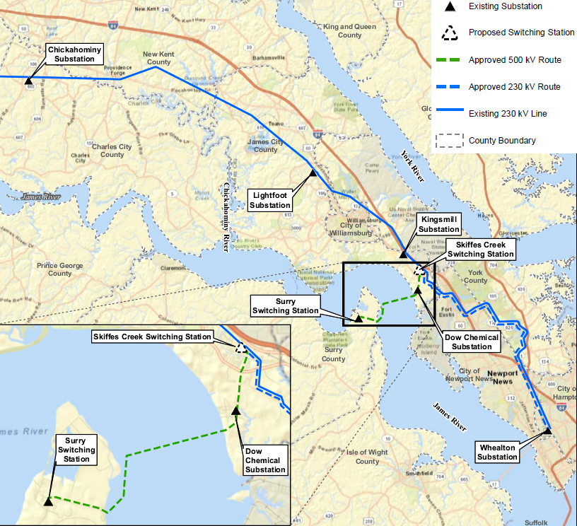the powerline project includes a 500kV crossing of the James River from the nuclear power plant at Surry to Skiffes Creek, and an extension of the existing 230kV line down the Peninsula to Hampton