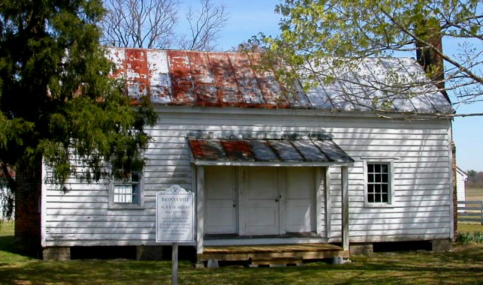 slave quarters with interpretive sign at Bacon's Castle (Surry County)