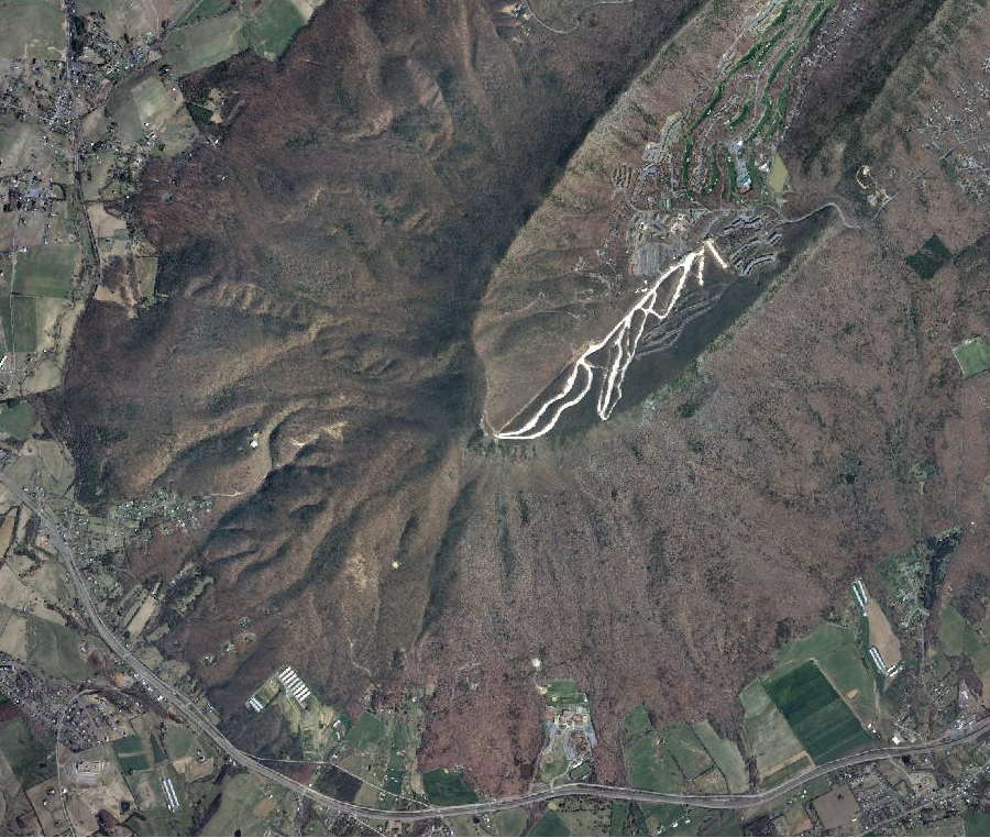 artificial snow outlines the ski slopes at Massanutten Mountain