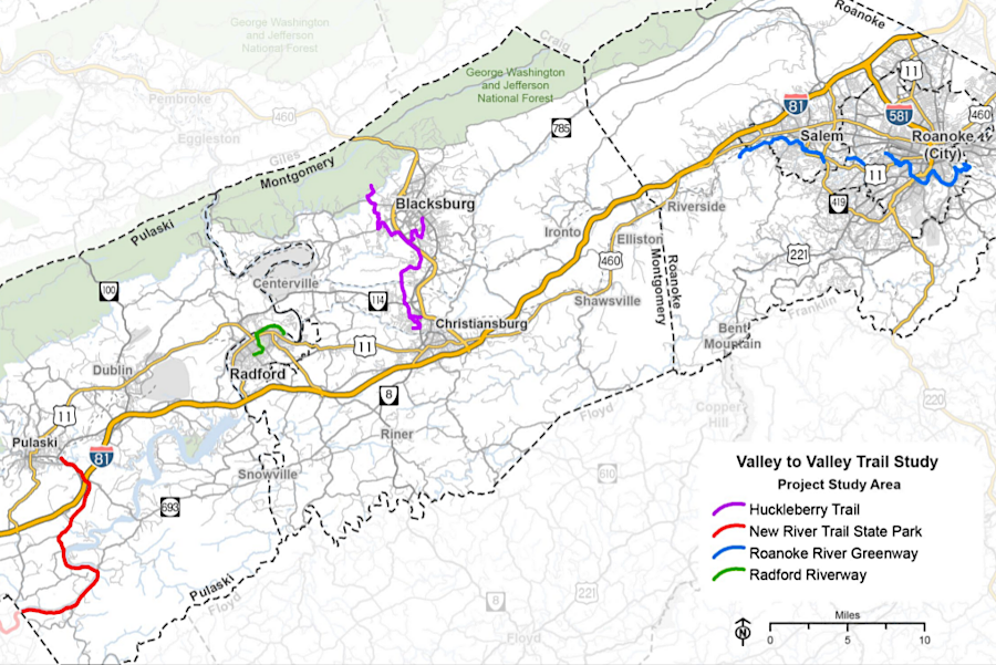 the Valley to Valley Trail would link the Roanoke River Greenway to the New River Trail