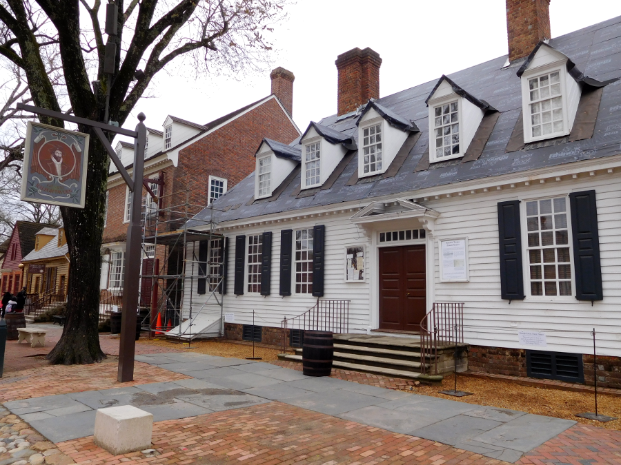 after determining through research that Raleigh Tavern had a front porch in 1775, Colonial Williamsburg added it (and replaced the roof shingles) in 2017