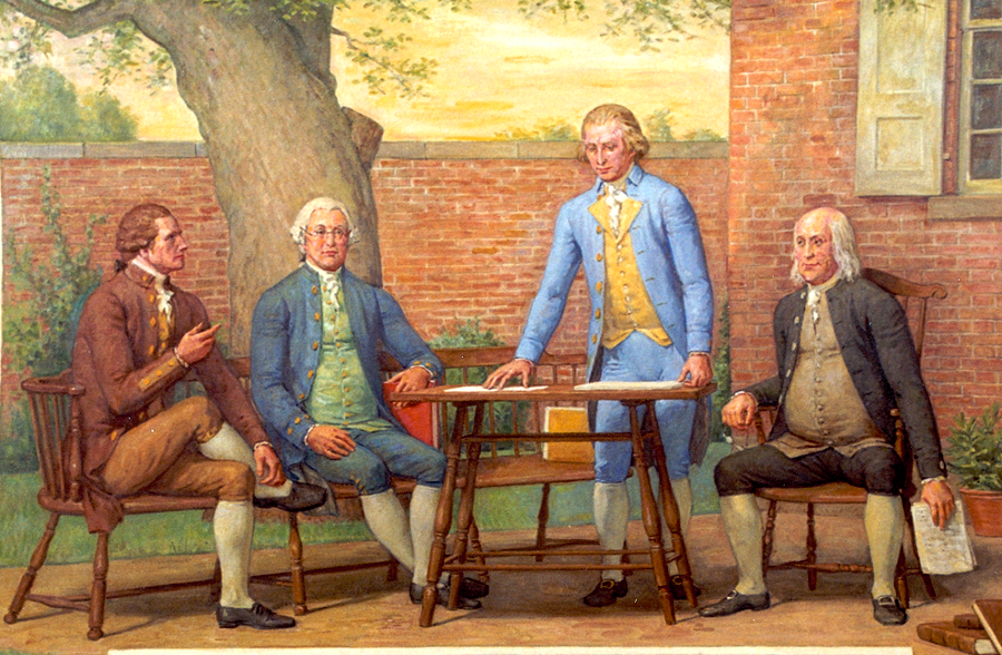 James Madison (standing in Benjamin Franklin's garden, with Franklin on far right, Alexander Hamilton on far left, and James Wilson sitting next to Madison) was a key player at the 1787 Constitutional Convention in Philadelphia