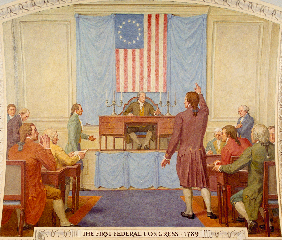 despite opposition from Patrick Henry, including manipulation of the boundaries of the voting districts, James Madison (standing on left) was elected to the First Congress after ratification of the Constitution