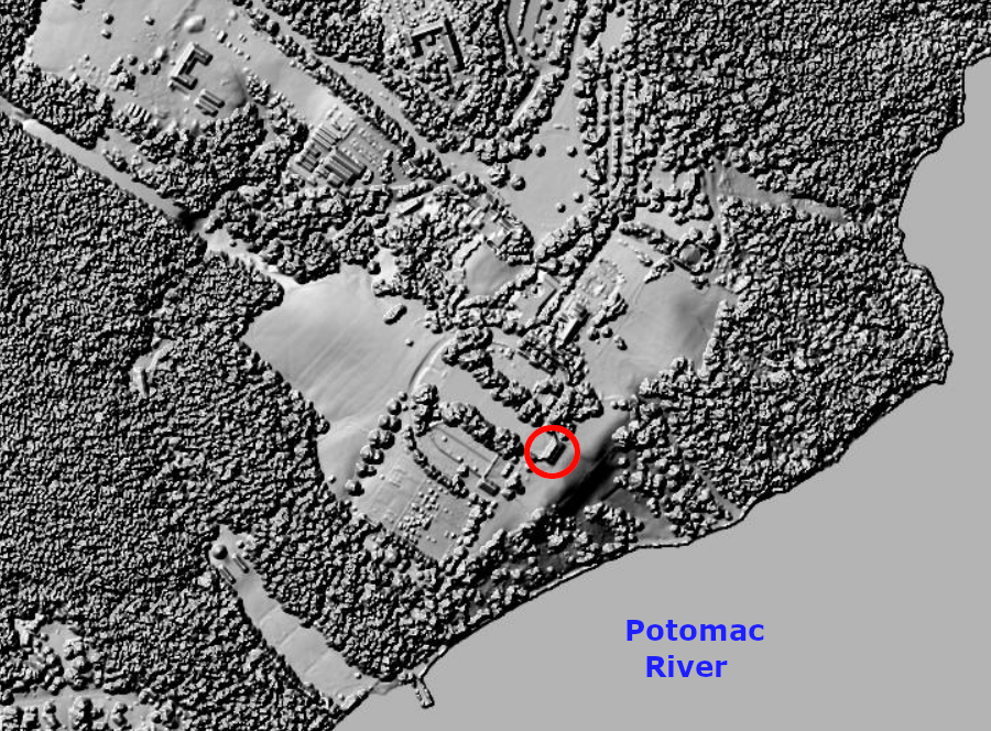 LIDAR reveals the topography around the mansion house at Mount Vernon (red circle)