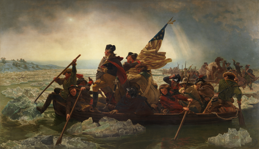Emanuel Leutze imaginatively added James Monroe holding the flag, as Washington crossed the Delaware River