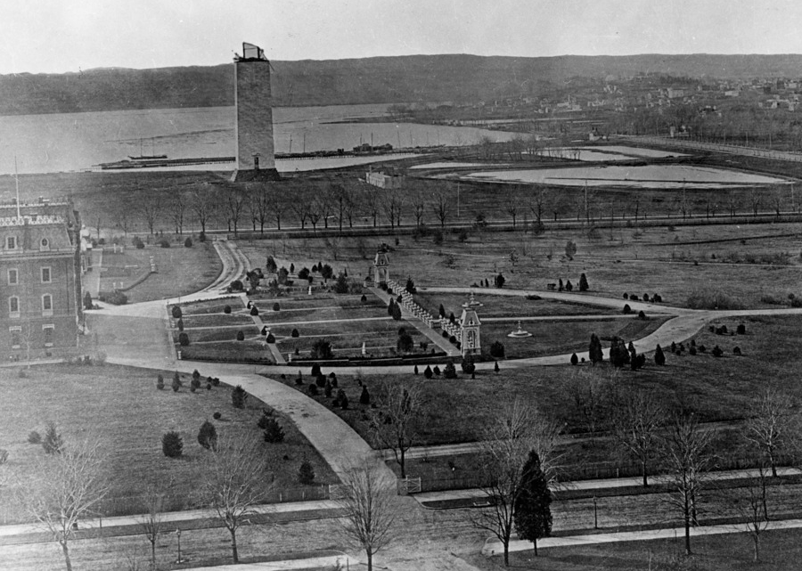 the Washington Monument, under construction in 1877