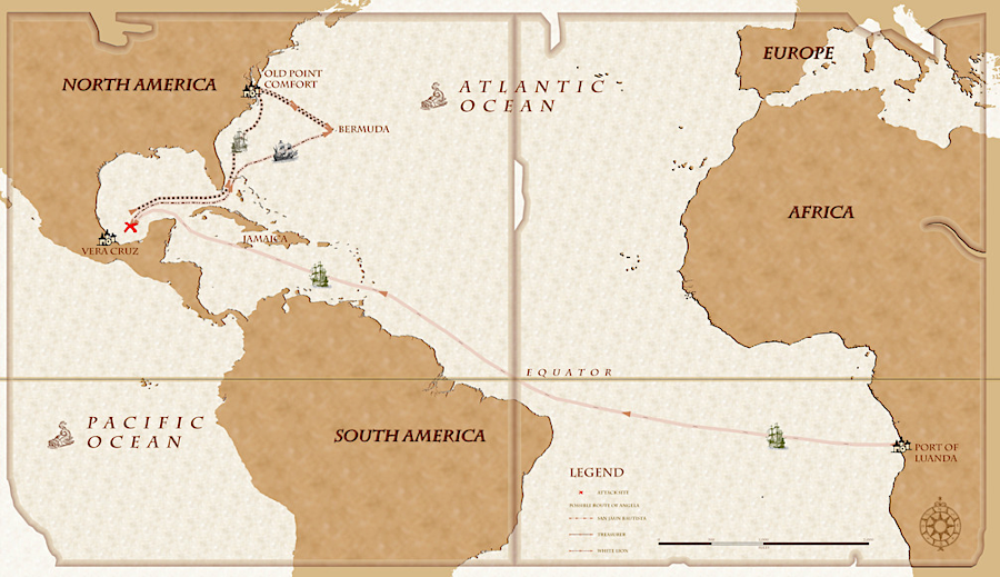 the captives brought to Hampton in 1619 were destined for Mexico, until the White Lion and Treasurer intercepted the slave ship Sao Joao Bautista near Vera Cruz (red X)