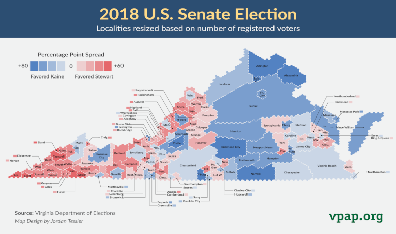 resizing the map to show votes by population rather than acreage reveals the significance of urban/suburban areas