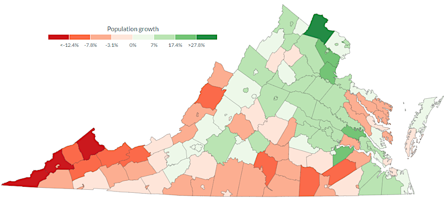 62 cities/counties, almost half of the 133 jurisdictions, lost population between 2010-2020