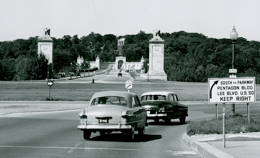 view of Custis-Lee Mansion from Memorial Bridge in 1952