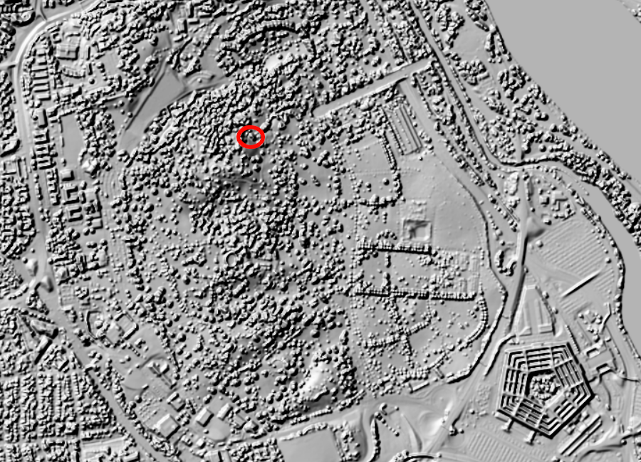 LIDAR reveals the topography around the Custis/Lee mansion house (red circle) at Arlington National Cemetery