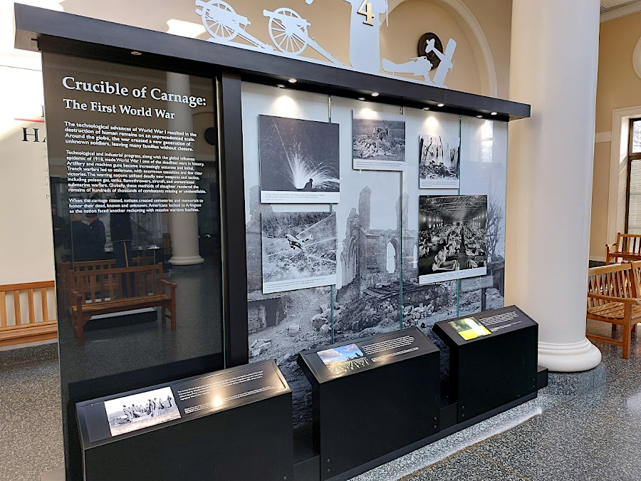 the evolution of Arlington Memorial Cemetery is told with exhibits inside the visitor center