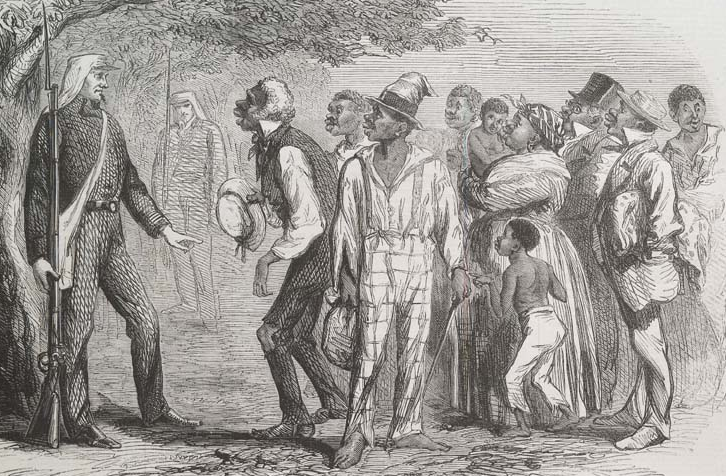 the English caricature of escaping slaves over-emphasized the shapes of lips, but captured the drive to seek protection from Federal forces