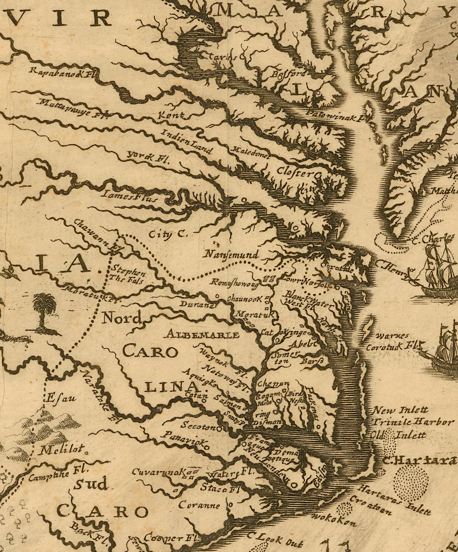 in 1709 the Carolina Proprietors omitted towns in Virginia, suggesting Carolina was a better place for immigrants to settle