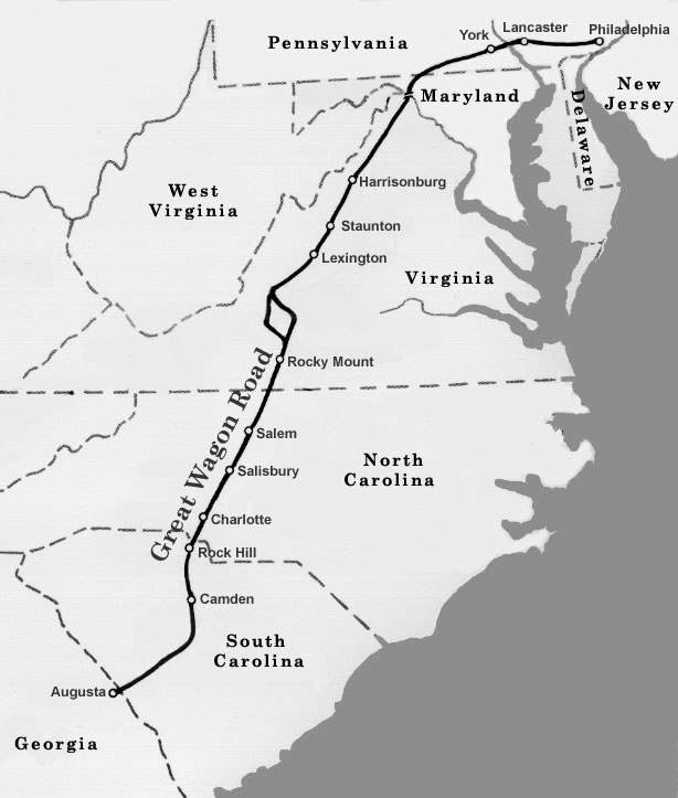 the Great Wagon Road stretched from the Potomac River to Roanoke west of the Blue Ridge, then crossed through the mountains to connect to the Piedmont of North Carolina