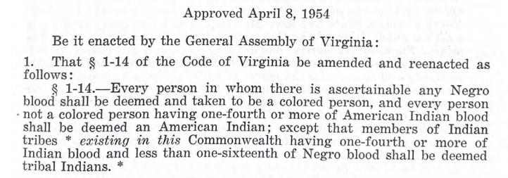 even after Plecker died, the Virginia General Assembly continued to define the racial mix required to be declared a tribal Indian in Virginia