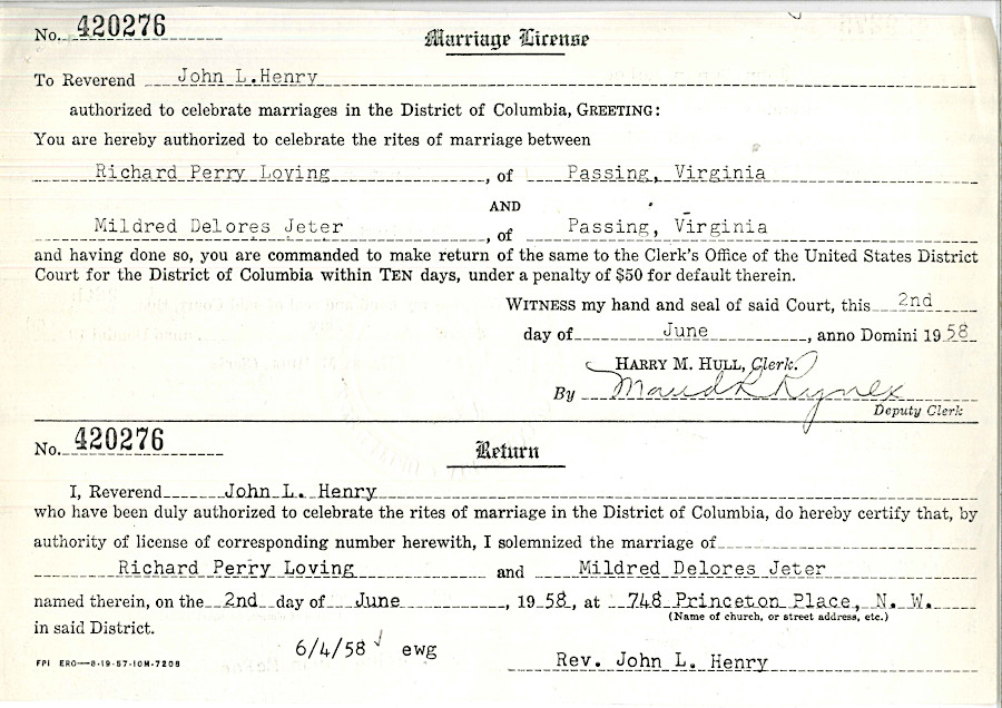 Virginia did not recognize the marriage of the Lovings in 1958, leading to a 1967 Supreme Court decision that legalized interracial marriage in all states