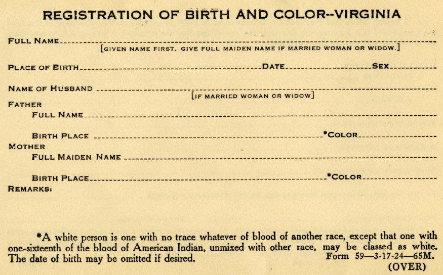 the Virginia Bureau of Vital Statistics implemented the 1924 Racial Integrity Act, requiring individuals to be according to the state's definition of race