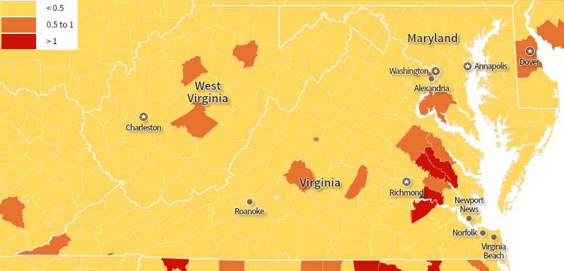 in 2014, four Virginia counties had more than 1% Native American population
