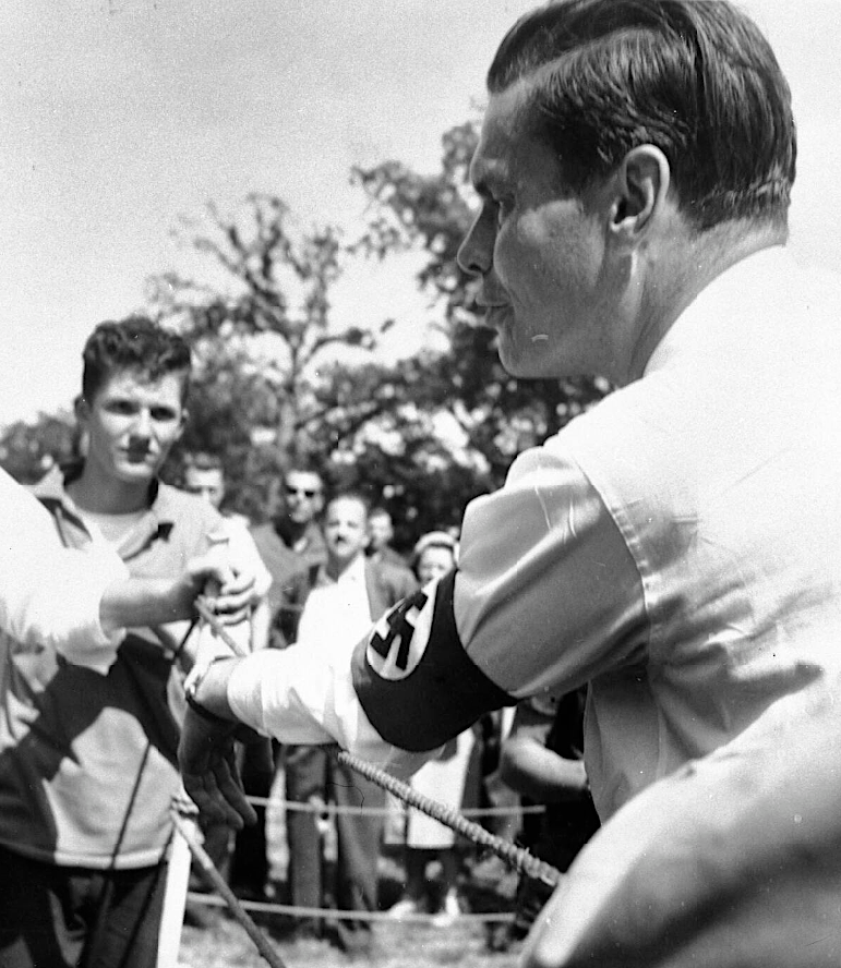 George Lincoln Rockwell, wearing a swastika