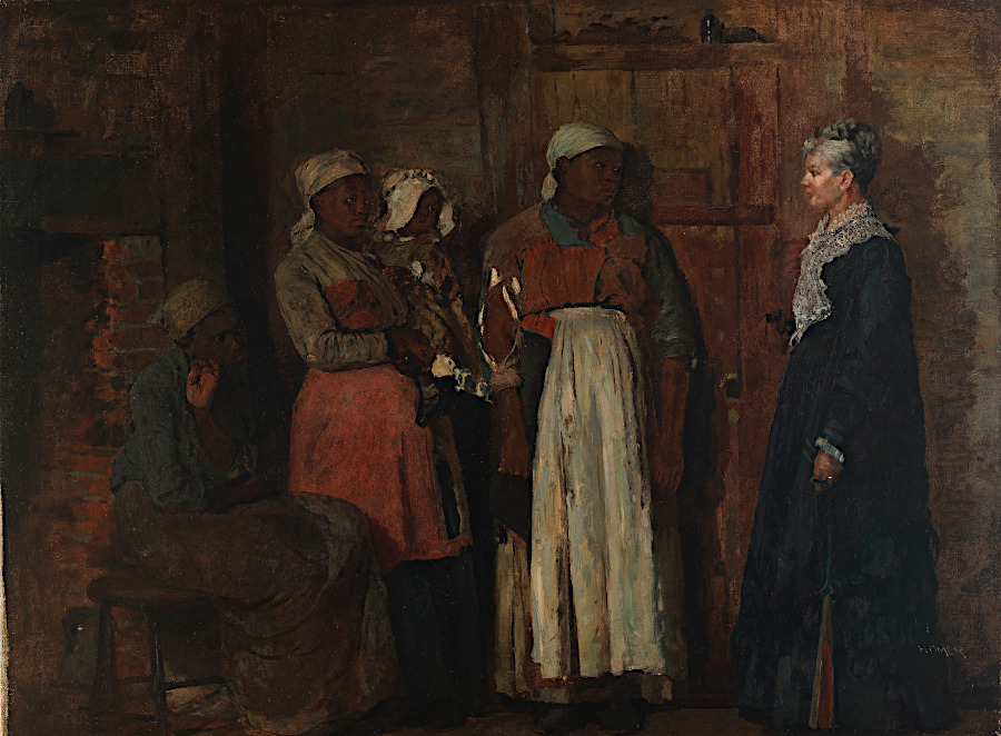 Winslow Homer captured the altered post-war relationship, painting a formerly enslaved woman remaining seated and failing to show respect when the former mistress returned to visit