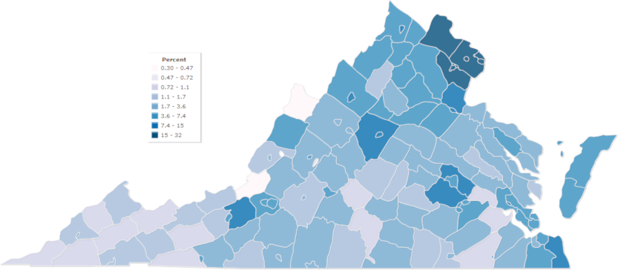 the percentage of foreign-born residents in Virginia is higher in urban areas