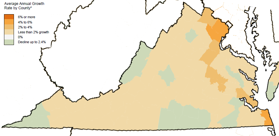 between the Great Depression and the end of the Cold War (1930-2000), Virginia's population growth was concentrated in the crescent between Northern Virginia-Richmond-Hampton Roads