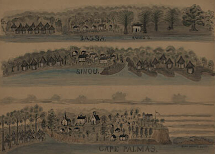 in three settlements of the American Colonization Society in Liberia, the rectangular houses of American colonists contrast with circular houses (note conical thatched roofs) of indigenous Africans