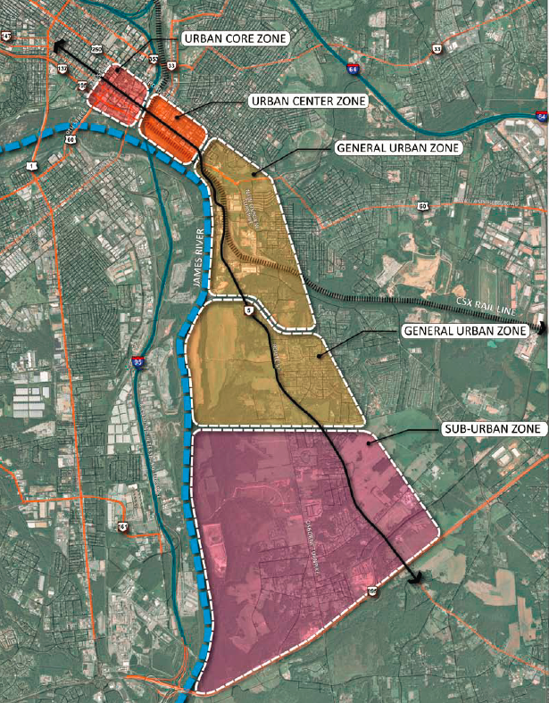 proposed transect zones between rural and urban areas southeast of Richmond, for planning the expansion of Route 5