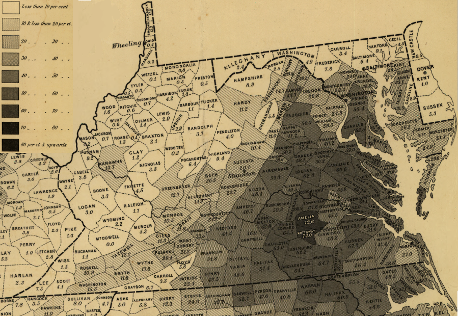 the percentage of slaves in the total population varied substantially among the different counties of Virginia in 1860, and west of the Allegheny Front slavery was most prevalent in Kanawha County due to the salt industry