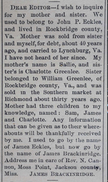 former slaves sought to reunite with their families after the Civil War through notices published in the Southwestern Christian Advocate