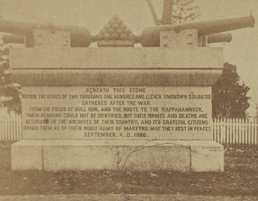 the bones of 2,111 soldiers were collected from cemeteries between Bull Run and the Rappahannock River and reburied in a masonry vault in September 1866