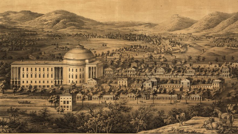 University of Virginia in 1856, when Rotunda had been expanded to include an annex on side opposite from The Lawn