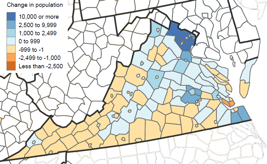 in the year after the 2010 Census, population declined in most rural Virginia counties and grew in the Hampton Roads-Richmond-Northern Virginia corridor, and in the Piedmont north of the James River
