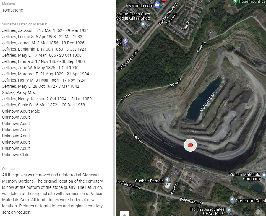 all graves in the Jeffries family cemetery were moved in order to develop the Vulcan quarry in Prince William County near Manassas Mall