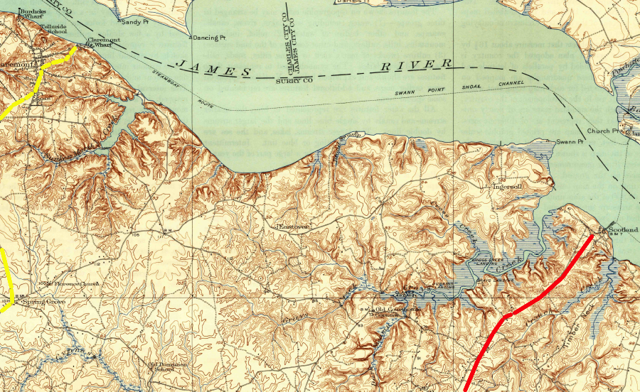 the Surry, Sussex and Southampton (red) built a narrow-gauge line to the James River at Scotland Wharf, while the Atlantic & Danville (yellow) built to Clermont