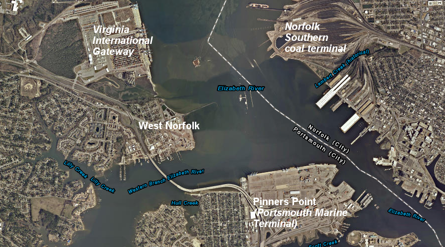 the Atlantic and Danville Railroad built terminals on both sides of the Western Branch of the Elizabeth River, first at West Norfolk and then at Pinners Point