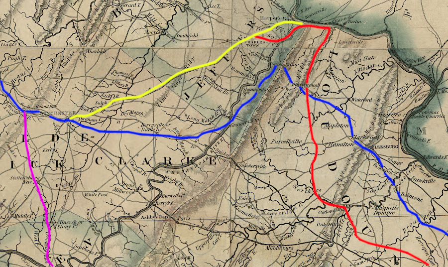 the Manassas Gap planned an Independent Line (red) to connect to the Winchester and Potomac (yellow) and envisioned a line north of Strasburg (purple), while the Alexandria, Loudoun and Hampshire (blue) planned to build to Paddytown (now Keyser, WV)