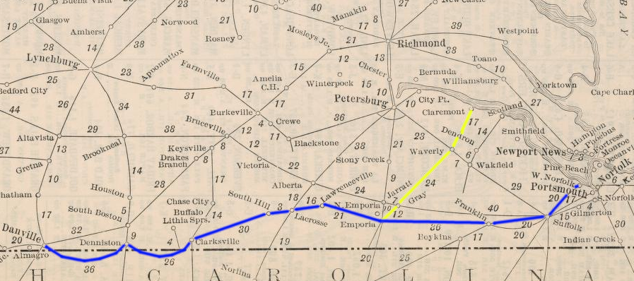the Atlantic and Danville Railroad ended up with a narrow-gauge line from Emporia to Claremont (yellow line), standard gauge lines from Emporia to Pinners Point (blue) and Danville (green), plus a standard gauge branch from Suffolk to West Norfolk (red)