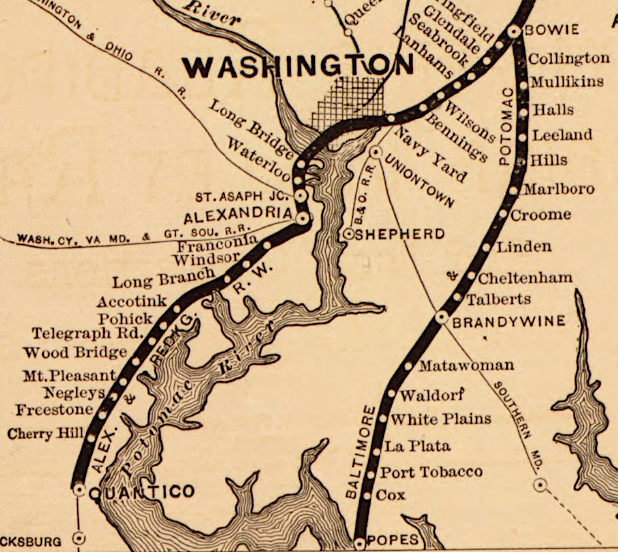 the Alexandria and Fredericksburg Railroad connected Fredericksburg-Quantico between 1872-1890