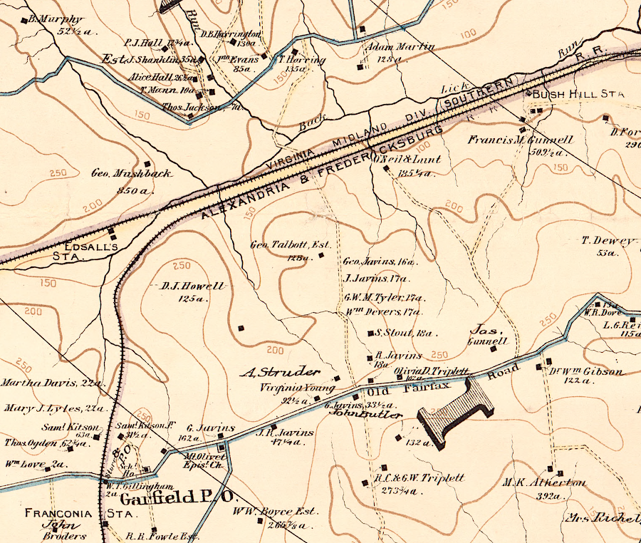 the Alexandria and Fredericksburg Railway parallelled the original Orange and Alexandria Railroad (later Virginia Midland) along Cameron Run