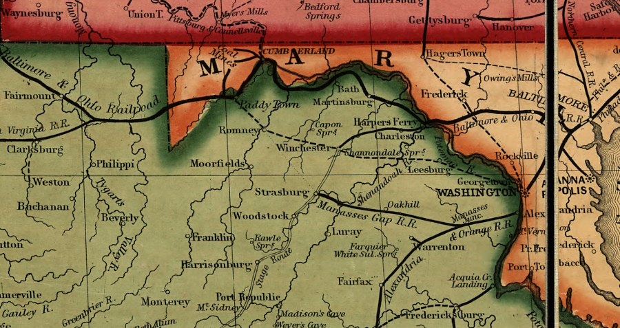 the route planned for the Alexandria, Loudoun and Hampshire Railroad extended to Paddy Town (now Keyser) on the Potomac River