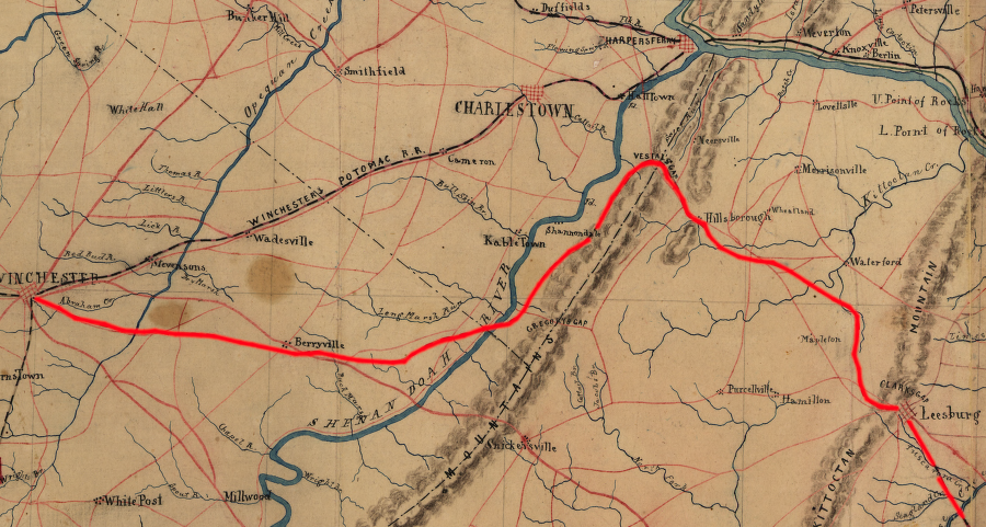 the route planned for the Alexandria, Loudoun and Hampshire Railroad via Vestal's Gap to Winchester