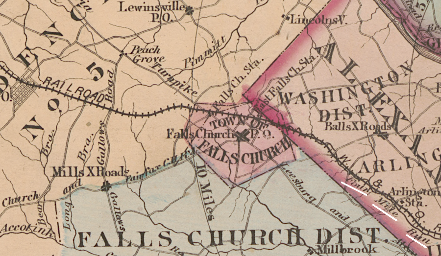 the Alexandria, Loudoun and Hampshire Railroad followed the valley of Four Mile Run westward to Falls Church